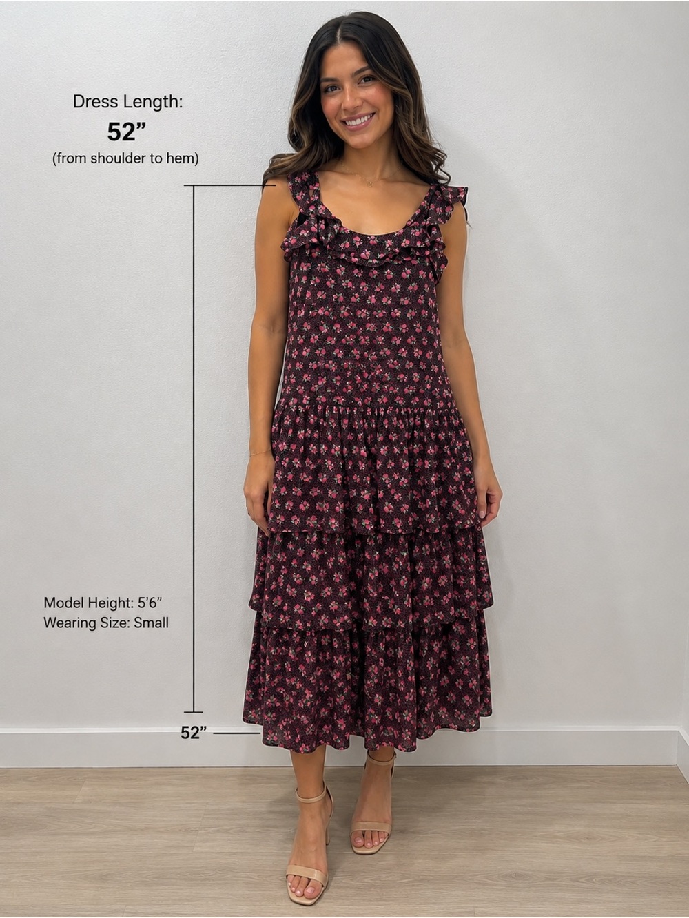 Likely Black Dress with Pink Floral Print and Ruffle Tiers